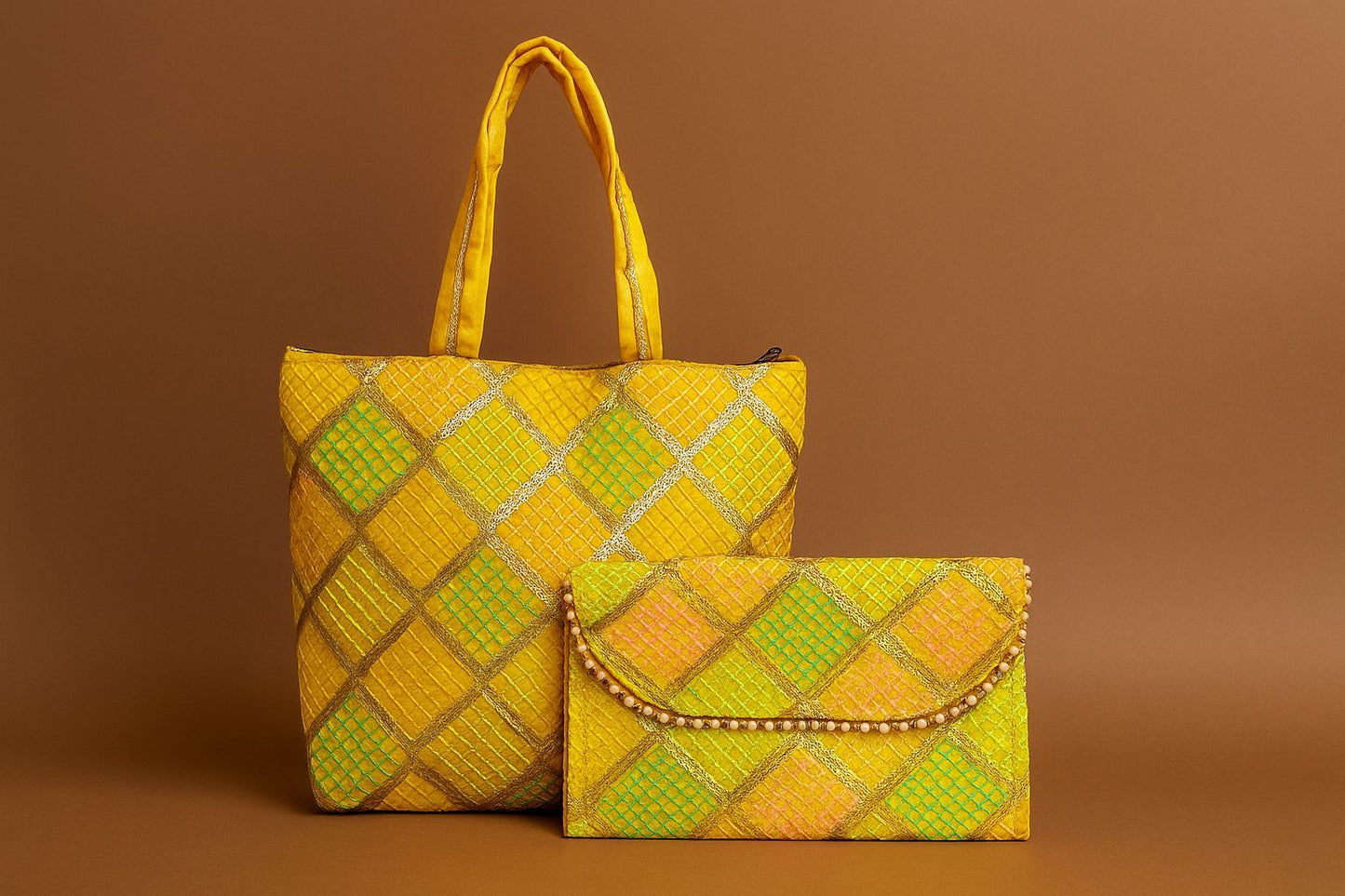 Handcrafted Embroidered Tote & Clutch Combo Set - Ethnic Shoulder Bag with Matching Evening Purse