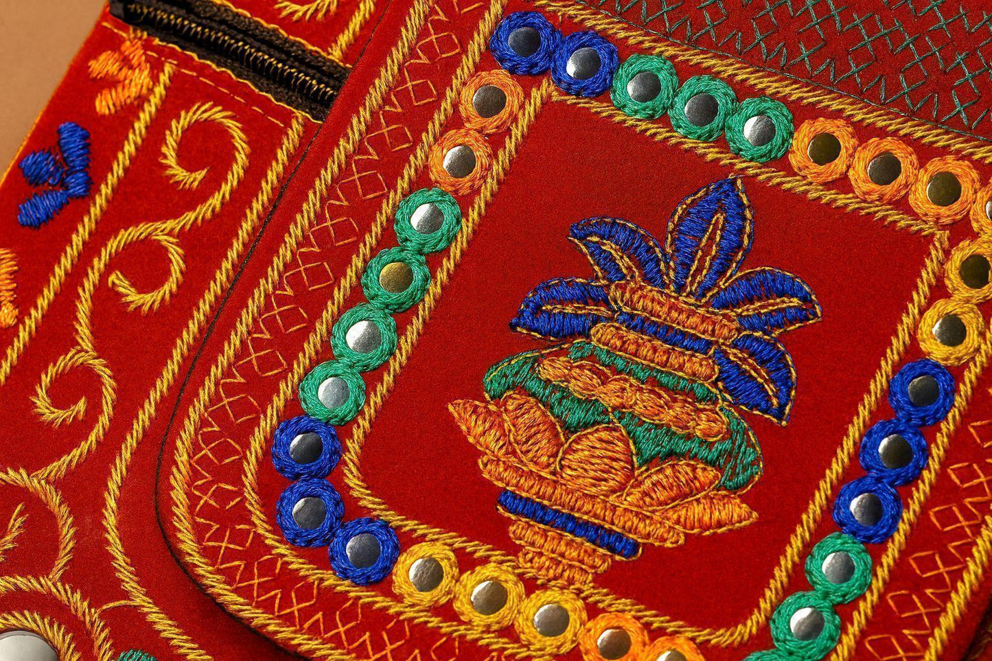 Handcrafted Red Mirror Work Sling Bag - Ethnic Kalash Embroidery & Black Beaded Strap