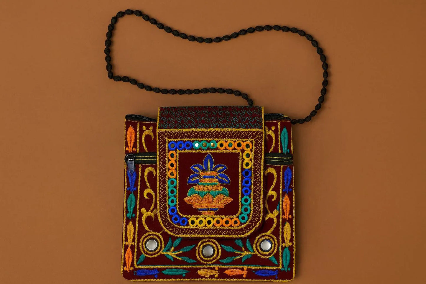 Handcrafted Maroon Mirror Work Sling Bag - Ethnic Kalash Embroidery & Beaded Strap