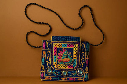 Handcrafted Blue Peacock Mirror Work Sling Bag - Ethnic Embroidered Crossbody with Beaded Strap