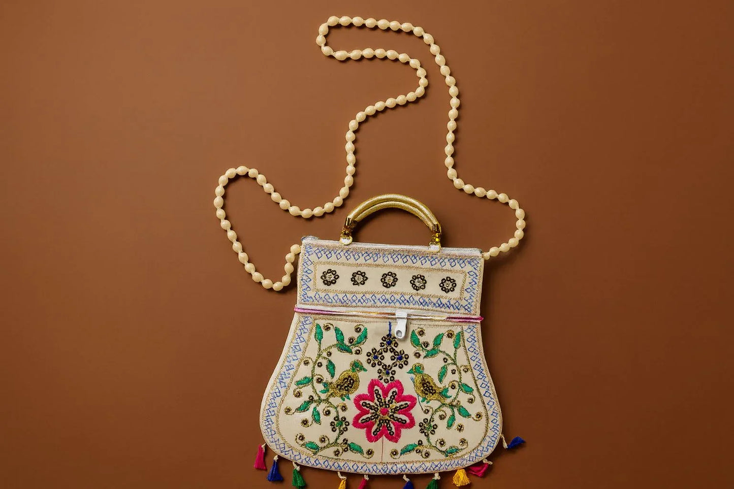 Handcrafted Embroidered Bird & Floral Handbag - Ethnic Sling with Metal Handle & Front Zipper