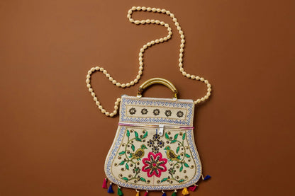 Handcrafted Embroidered Bird & Floral Handbag - Ethnic Sling with Metal Handle & Front Zipper