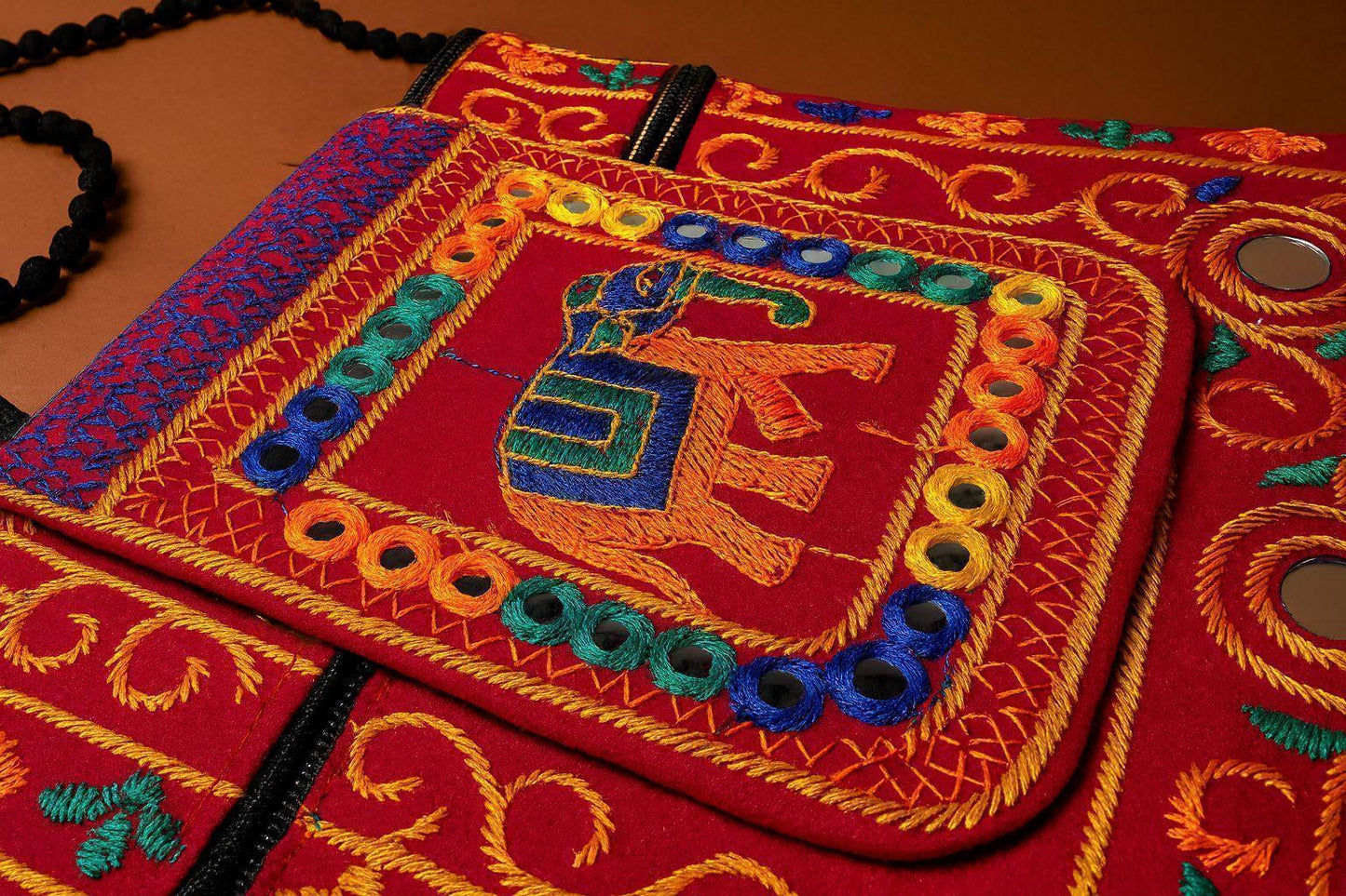 Handcrafted Red Elephant Mirror Work Sling Bag - Ethnic Embroidered Crossbody with Beaded Strap