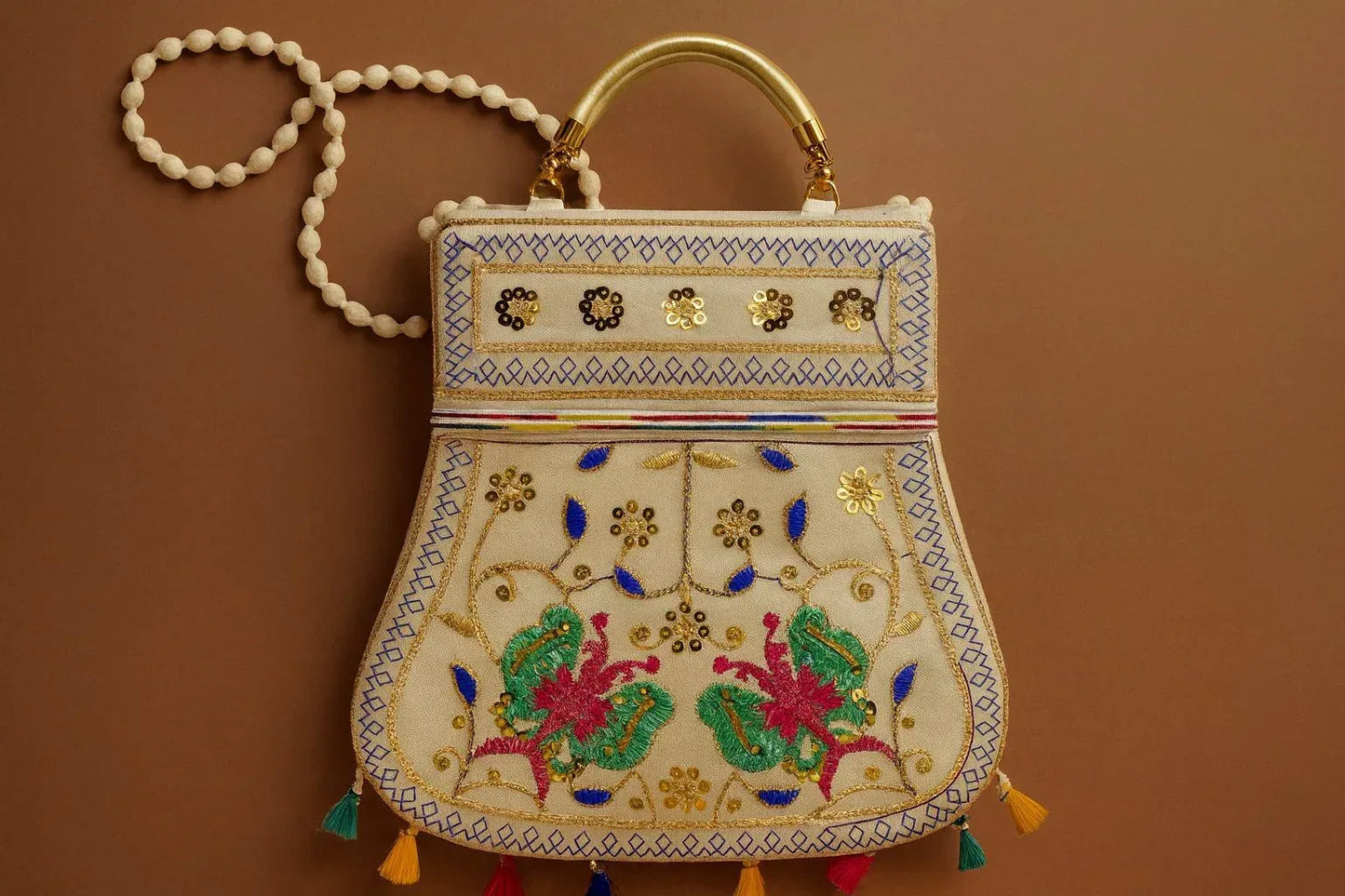Handcrafted Embroidered Butterfly Handbag - Ethnic Sling with Metal Handle & Front Zipper