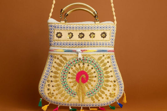 Handcrafted Embroidered Golden Mandala Handbag - Ethnic Sling with Metal Handle & Front Zipper