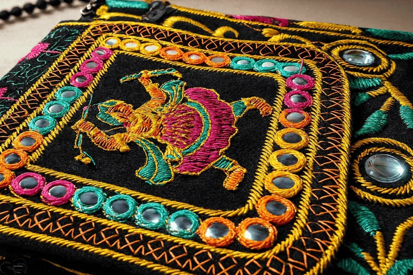 Handcrafted Black Mirror Work Sling Bag - Ethnic Goddess Embroidery & Beaded Strap