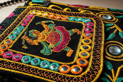 Handcrafted Black Mirror Work Sling Bag - Ethnic Goddess Embroidery & Beaded Strap