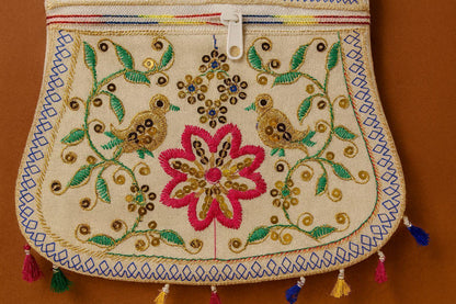 Handcrafted Embroidered Bird & Floral Handbag - Ethnic Sling with Metal Handle & Front Zipper