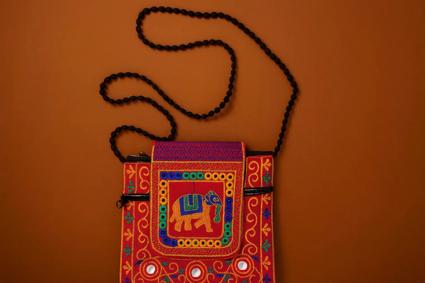 Handcrafted Red Elephant Mirror Work Sling Bag - Ethnic Embroidered Crossbody with Beaded Strap
