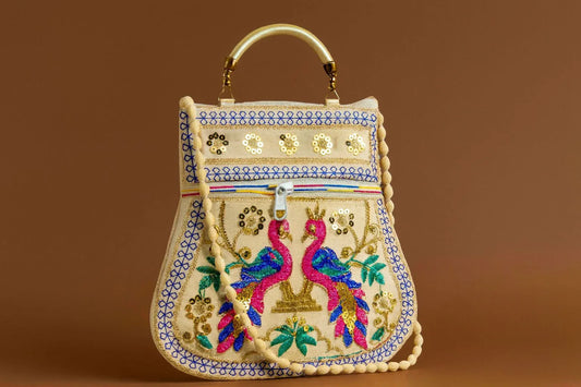 Handcrafted Embroidered Peacock Handbag - Ethnic Sling with Metal Handle & Front Zipper