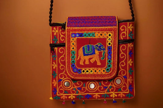 Handcrafted Red Elephant Mirror Work Sling Bag - Ethnic Embroidered Crossbody with Beaded Strap