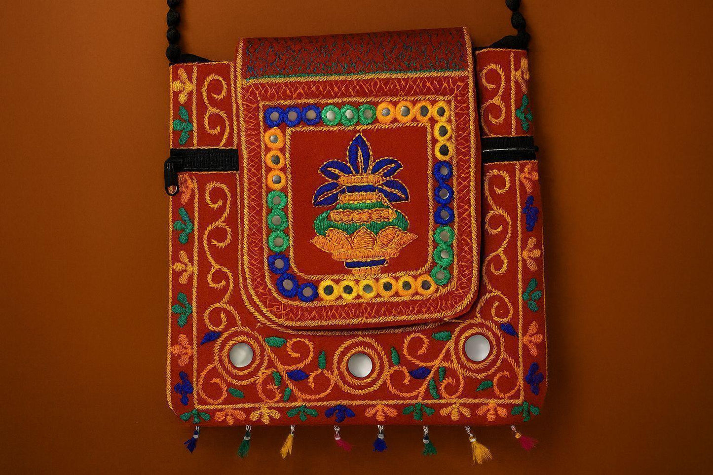 Handcrafted Red Mirror Work Sling Bag - Ethnic Kalash Embroidery & Black Beaded Strap