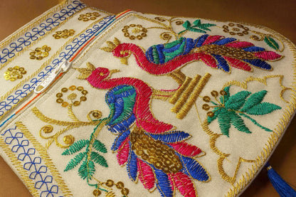 Handcrafted Embroidered Peacock Handbag - Ethnic Sling with Metal Handle & Front Zipper