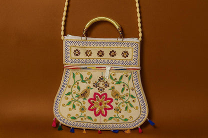 Handcrafted Embroidered Bird & Floral Handbag - Ethnic Sling with Metal Handle & Front Zipper