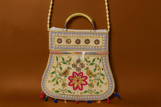 Handcrafted Embroidered Bird & Floral Handbag - Ethnic Sling with Metal Handle & Front Zipper