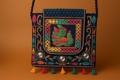 Handcrafted Blue Peacock Mirror Work Sling Bag - Ethnic Embroidered Crossbody with Beaded Strap