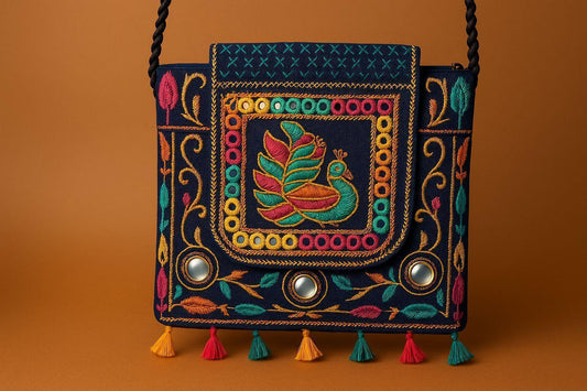 Handcrafted Blue Peacock Mirror Work Sling Bag - Ethnic Embroidered Crossbody with Beaded Strap