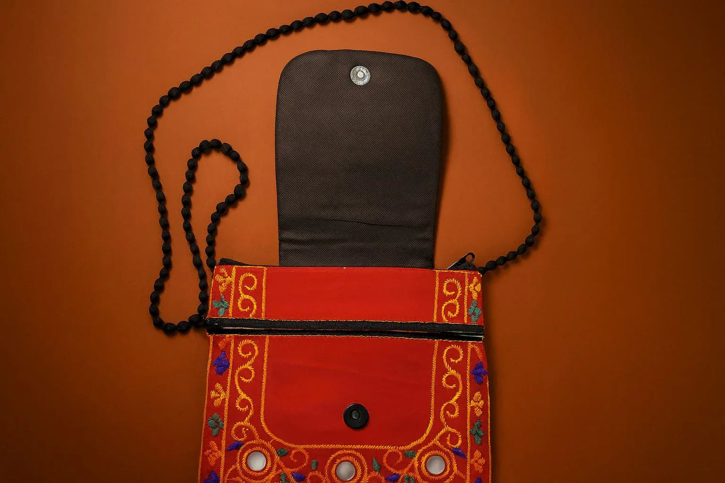 Handcrafted Red Elephant Mirror Work Sling Bag - Ethnic Embroidered Crossbody with Beaded Strap