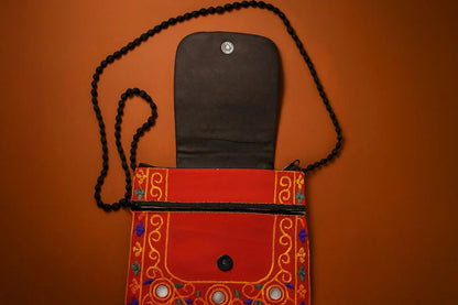 Handcrafted Red Elephant Mirror Work Sling Bag - Ethnic Embroidered Crossbody with Beaded Strap