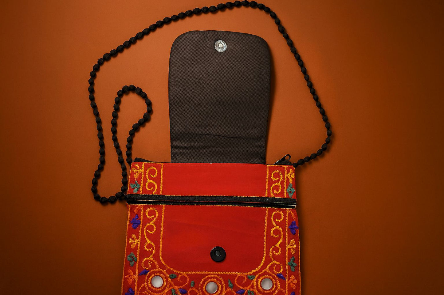 Handcrafted Red Mirror Work Sling Bag - Ethnic Kalash Embroidery & Black Beaded Strap