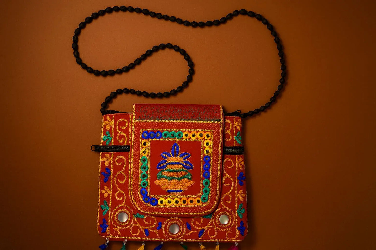 Handcrafted Red Mirror Work Sling Bag - Ethnic Kalash Embroidery & Black Beaded Strap