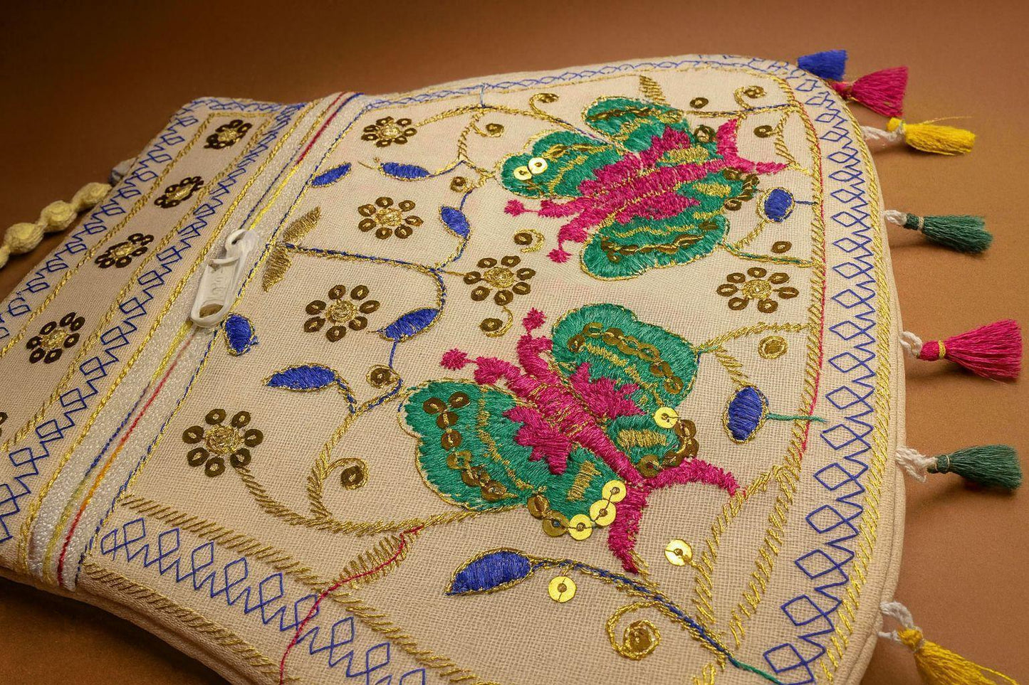 Handcrafted Embroidered Butterfly Handbag - Ethnic Sling with Metal Handle & Front Zipper