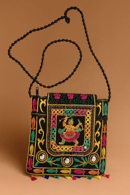 Handcrafted Black Mirror Work Sling Bag - Ethnic Goddess Embroidery & Beaded Strap